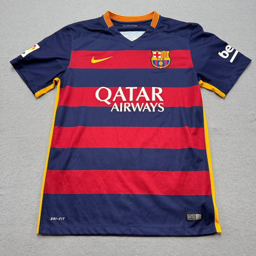 Nike FC Barcelona Soccer Jersey Men's Medium Blue Red Striped Home Qatar Airways